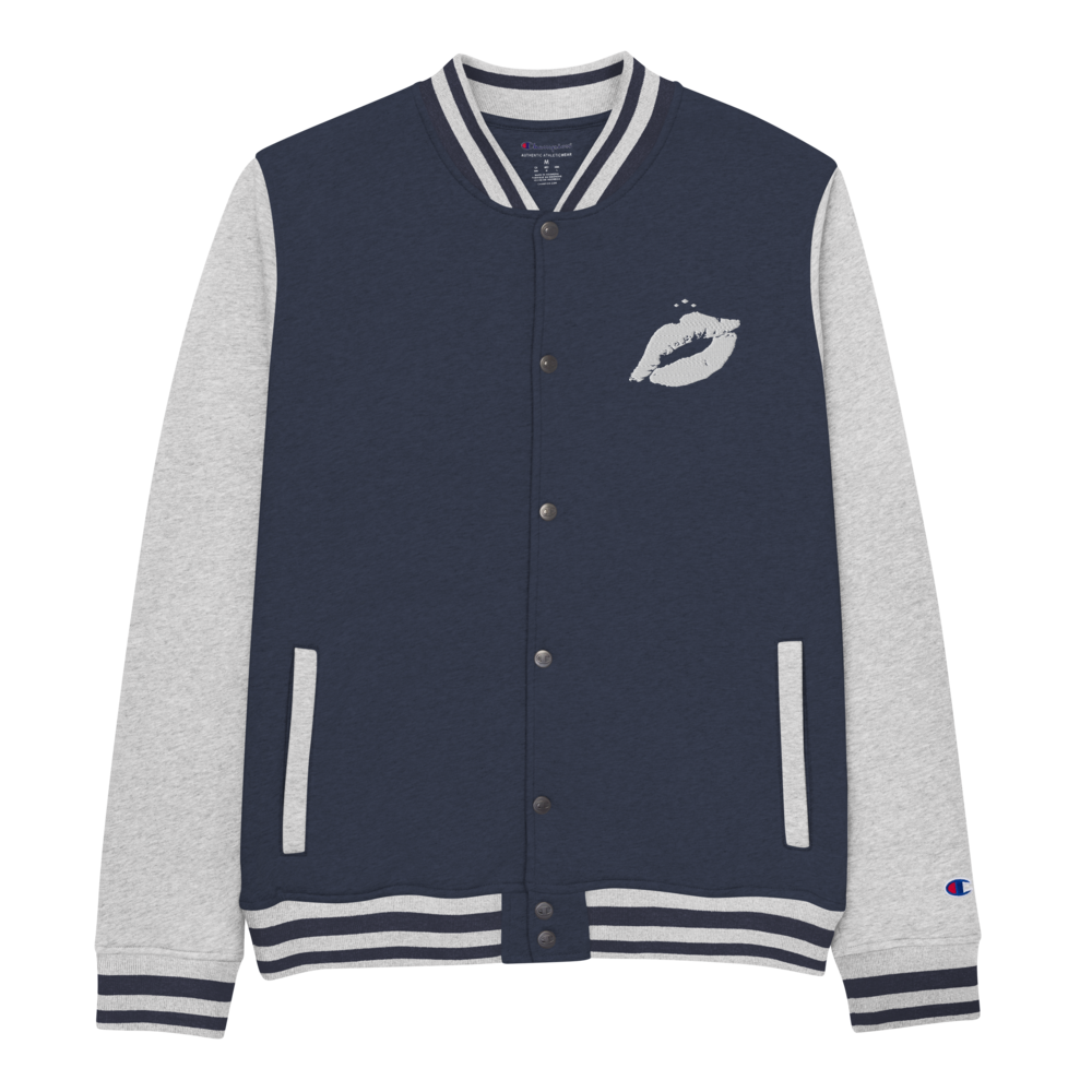 Kiss Me | White on Navy Champion Bomber