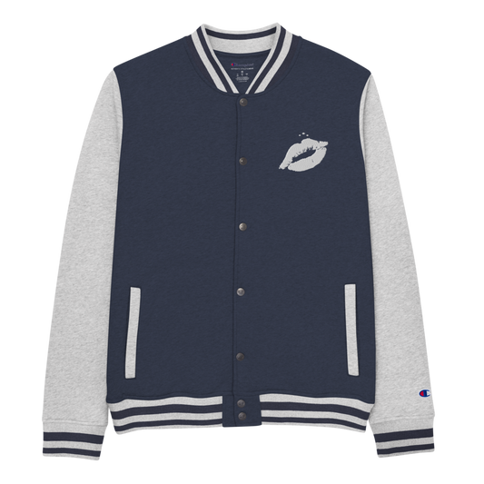 Kiss Me | White on Navy Champion Bomber